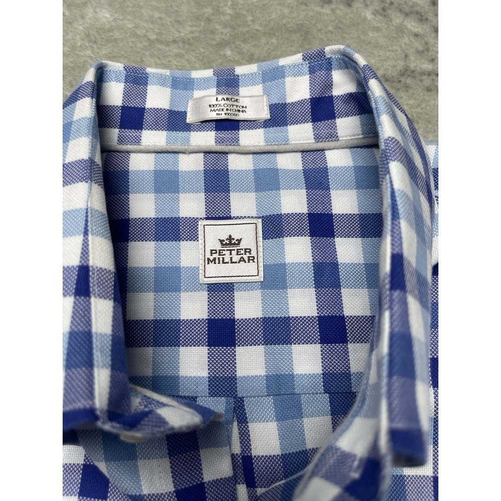 Peter Millar Crown Men's Large Gingham Plaid Short Sleeve Button Dwn Blue Shirt